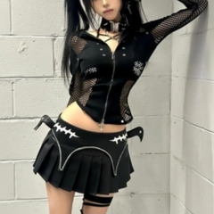 Zip-up hollow out long sleeve pleated mini skirt set