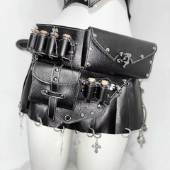 Crewneck hollow out corset PU leather cut out top