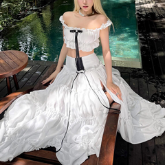 Slit ruffle lace up ruched white maxi skirt