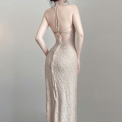 Halter self tie flower applique solid maxi dress