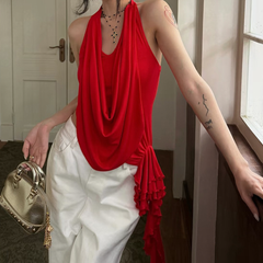 Halter irregular ruched backless solid top