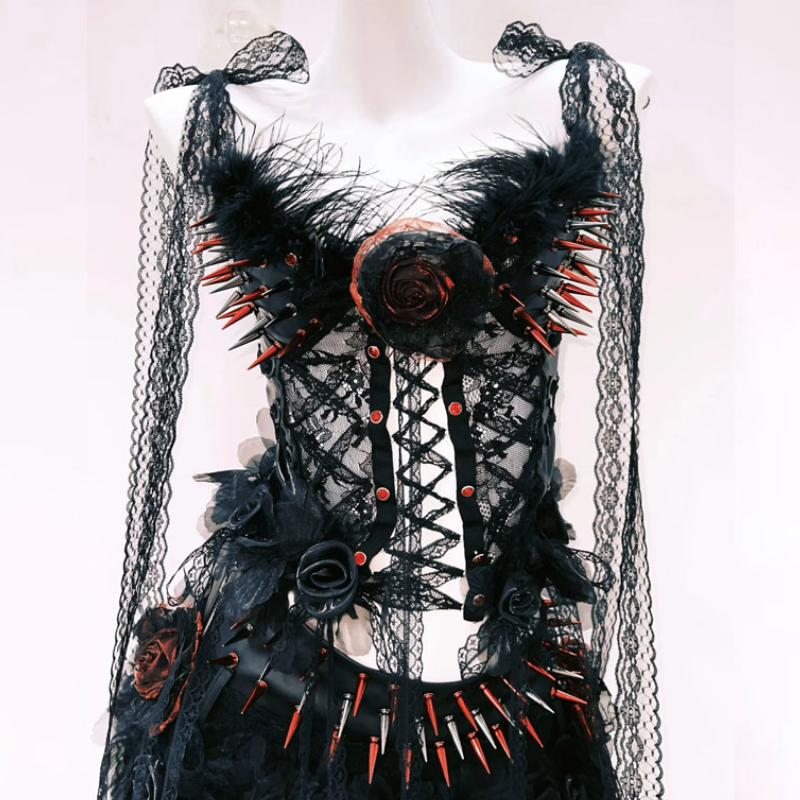 Lace hem self tie flower applique hollow out cut out top