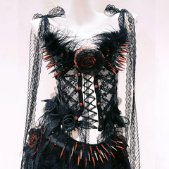 Lace hem self tie flower applique hollow out cut out top