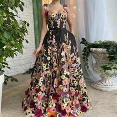 Flower embroidery zip-up self tie cami maxi dress