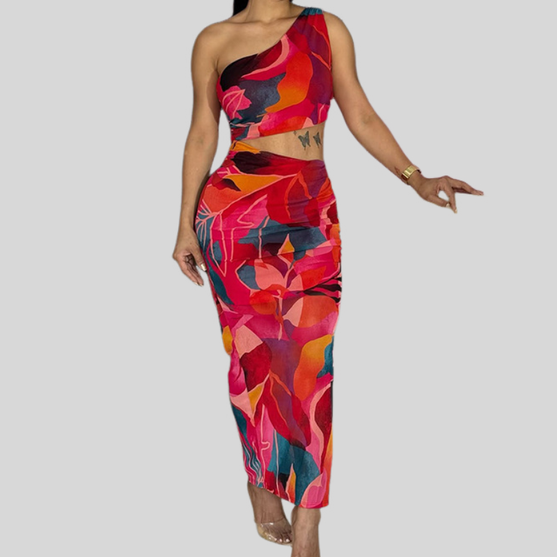 One shoulder hollow out contrast cut out maxi dress