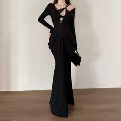 Long sleeve lace hem hollow out ruched cut out maxi dress