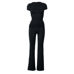 Crewneck ruched short sleeve high rise pant set