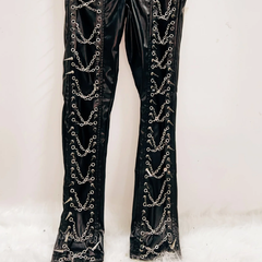 PU leather metal chain rivet pant