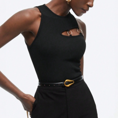 Crewneck o ring hollow out irregular black cut out top
