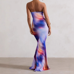 Print contrast backless tube maxi dress