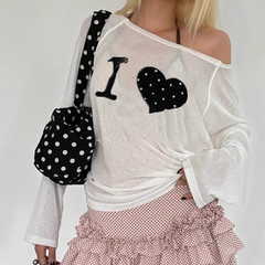 Irregular long sleeve polka dot heart pattern top