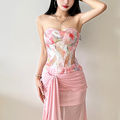 Print zip-up backless contrast tube top