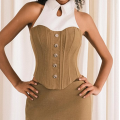 Turnover collar corset button contrast top