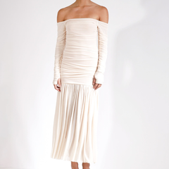 Off shoulder ruched long sleeve mesh zip-up maxi dress