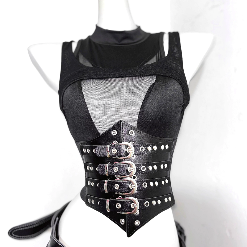 Crewneck hollow out corset PU leather cut out top
