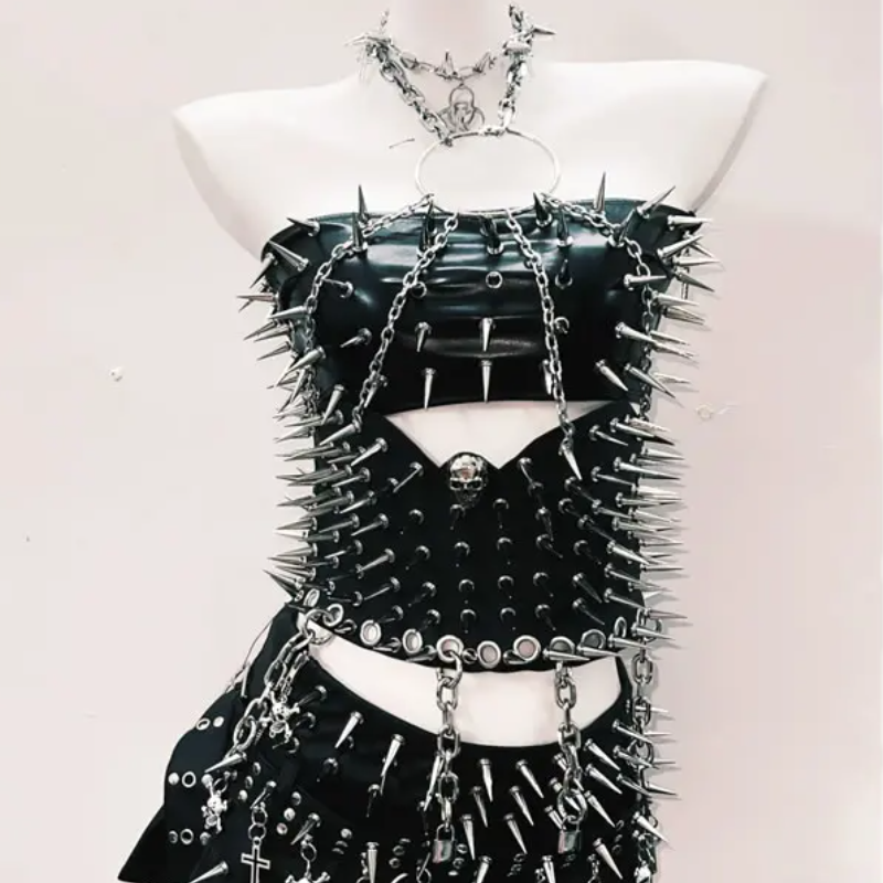 PU leather halter rivet skull metal chain o ring top