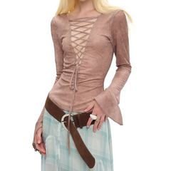 Long sleeve lace up mesh ruffle top