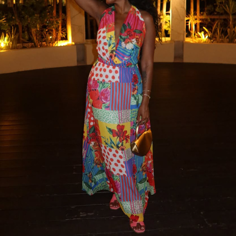 Halter v neck flower print contrast maxi dress