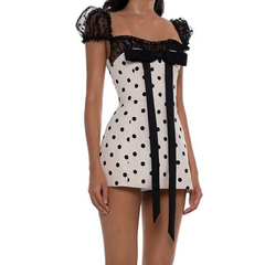 Bowknot polka dot ruffle puff sleeve mini dress