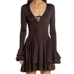 V neck self tie long flared sleeve mini dress