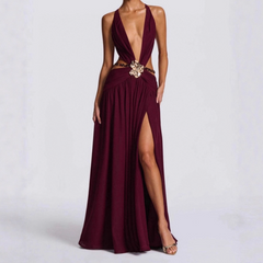 Beaded deep v neck slit cross back self tie maxi dress