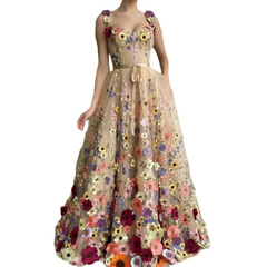 Flower embroidery zip-up self tie cami maxi dress