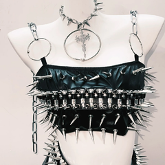 O ring rivet PU leather metal chain belt top