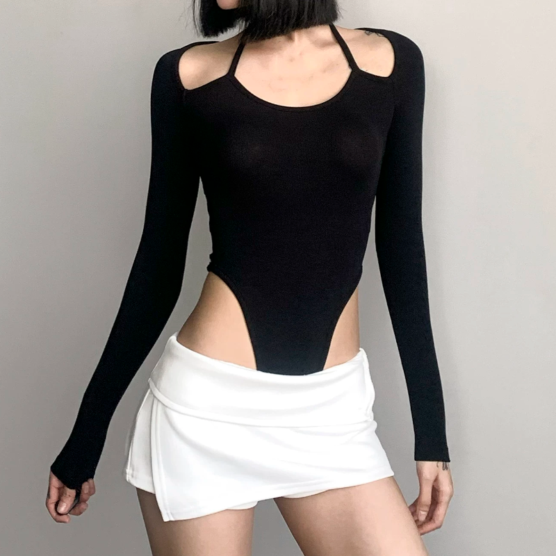 Off shoulder halter solid bodysuit