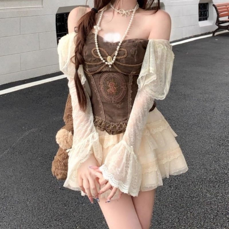 Off shoulder long flared sleeve lace ruffle mini skirt set