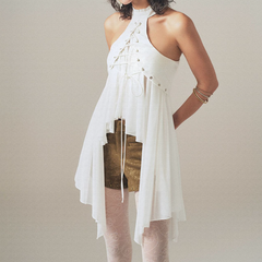 Crewneck lace up ruched solid top