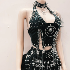 Rivet halter PU leather skull applique leg warmer top