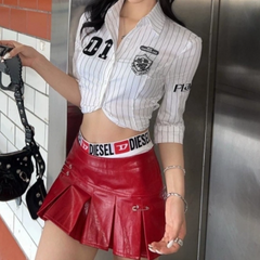 Striped print turnover collar PU leather pleated mini skirt set