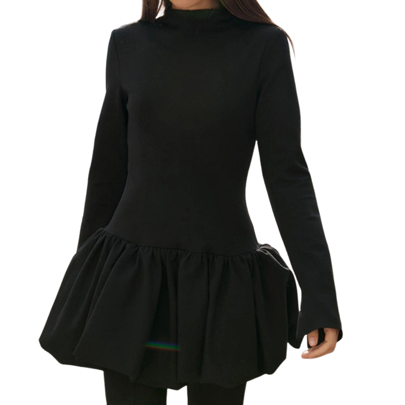 High neck long sleeve ruffle mini dress