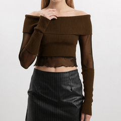 Long sleeve off shoulder ruffle mesh patchwork top