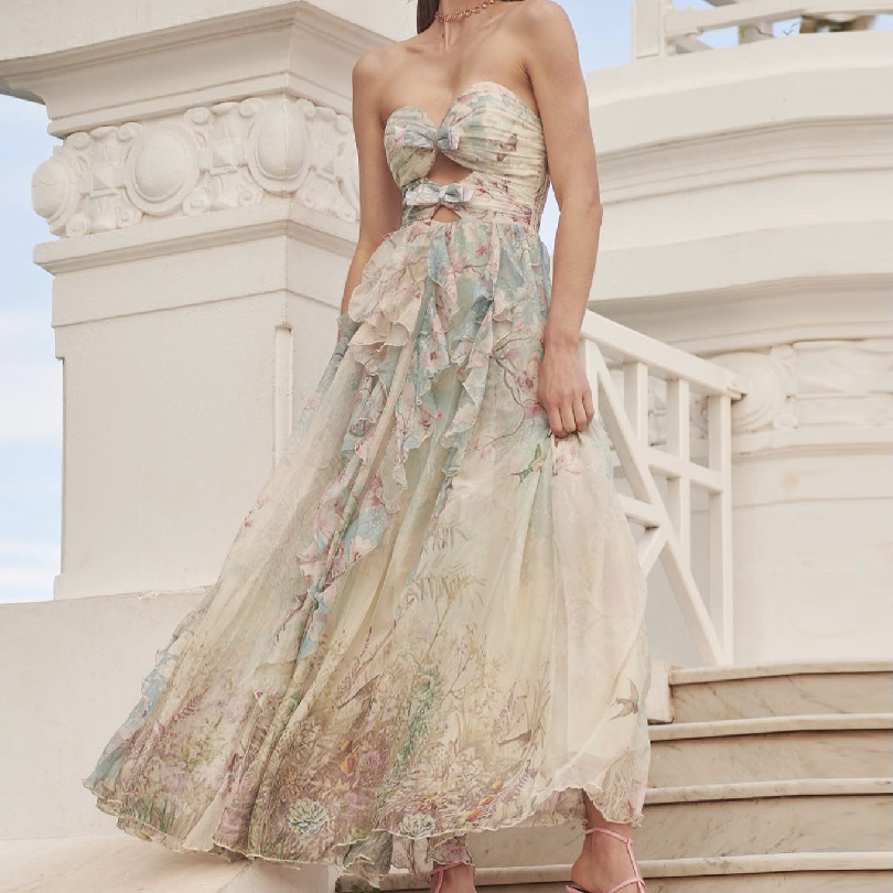 Sweetheart neck ruffle bowknot flower print hollow out cut out maxi dress