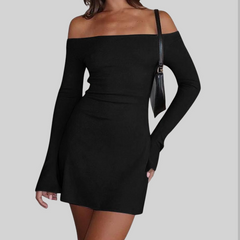 Off shoulder long flared sleeve solid mini dress