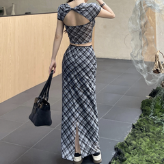 Plaid bowknot slit short sleeve mini skirt set