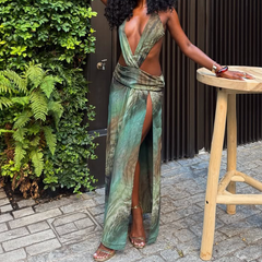 Deep v neck high slit contrast maxi dress