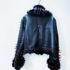 Long sleeve PU leather rivet fluffy coat top