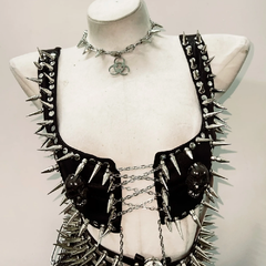PU leather metal chain skull applique belt top