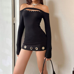 Off shoulder long sleeve hollow out cut out mini dress