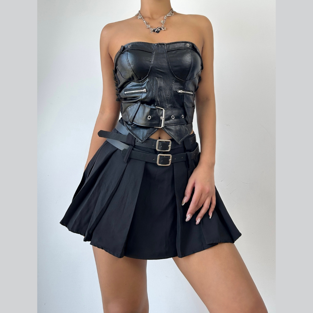 Zip-up PU leather pleated A line tube mini skirt set