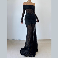 Ruched off shoulder long sleeve lace maxi dress