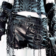 O ring zip-up rivet applique v neck PU leather top