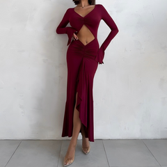 Long sleeve hollow out ruched v neck cut out maxi dress