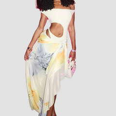 Off shoulder hollow out flower print cut out maxi dress
