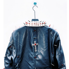 Long sleeve rivet PU leather turnover collar coat top