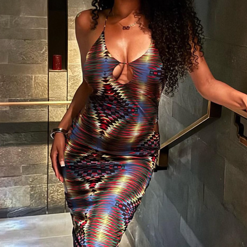 Halter hollow out print cut out maxi dress