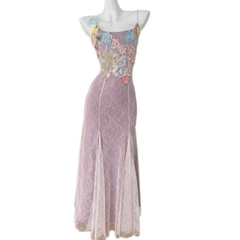 Flower embroidery u neck lace cami maxi dress