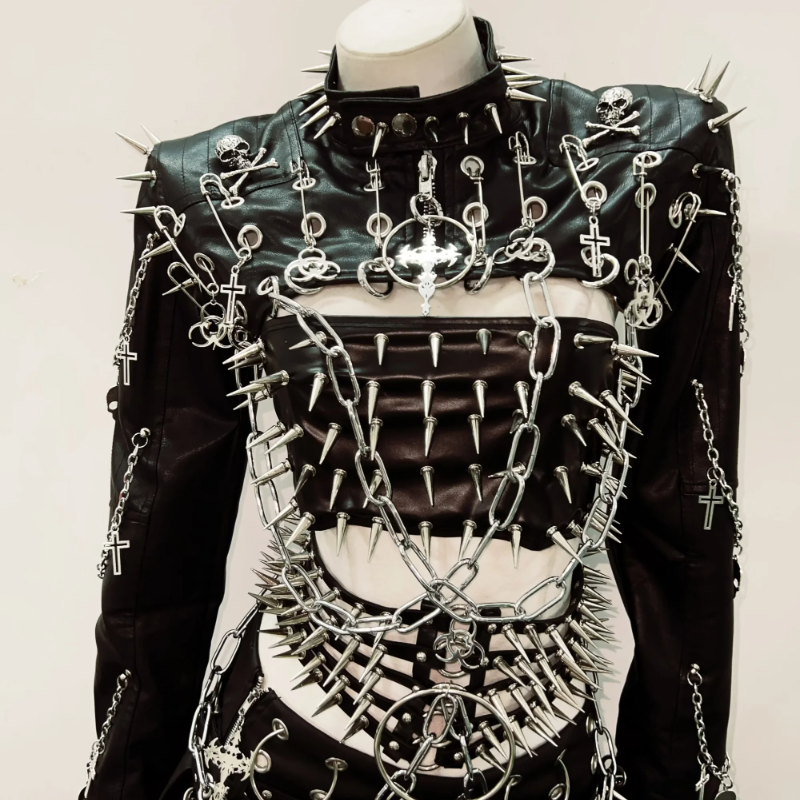 Long sleeve rivet PU leather o ring metal chain belt top